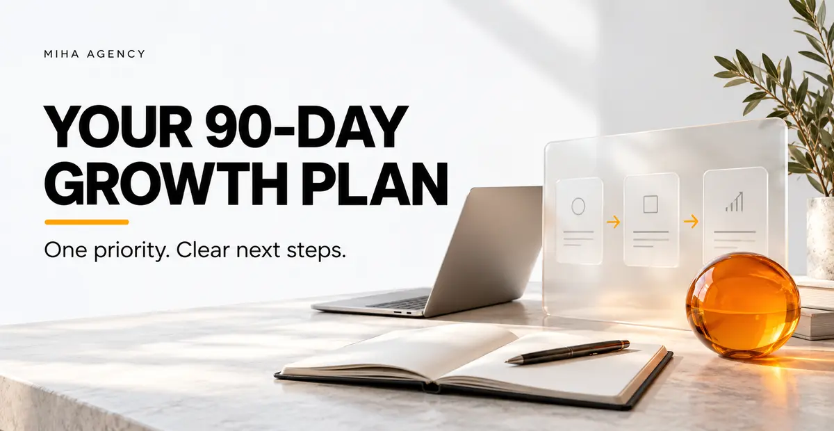 Notebook, laptop and orange glass sphere beside the headline “Your 90-Day Growth Plan”.